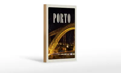Produktbild von Holzschild Reise 12x18 cm Porto Portugal Brücke Nacht Bild Dekoration
