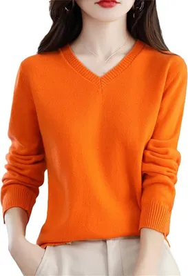 Image de ASKSA Femme Laine Col V Pull léger Sweat élégant Pull en maille Slim Fit Chaud Pull basique Sweatshirt, Orange, S