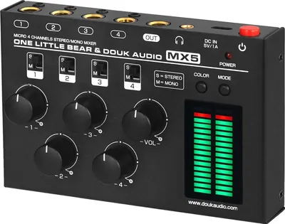 Obrázek produktu pro Audio mixér, 4kanálový, Podpora 6,35 mm a 3,5 mm vstupů, LED indikátory úrovně, Kompaktní design, Napájení DC5V