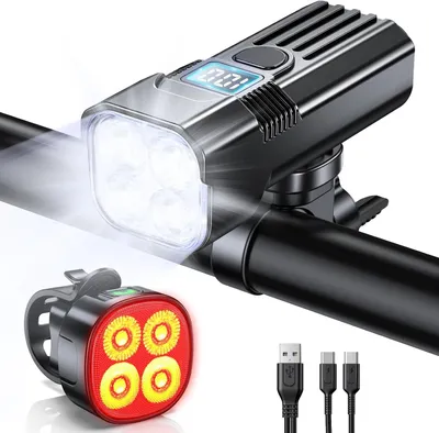 Immagine prodotto di Luci anteriori e posteriori per bicicletta, con 4+7 modalità e display a LED, 2000 lumen, illuminazione super luminosa, ricaricabile con batteria da 3000 mAh, impermeabile IP65, luce posteriore