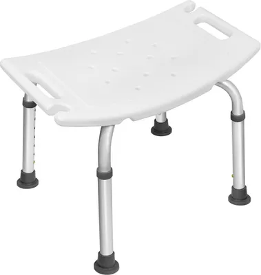 A white shower stool with adjustable silver legs against a white background.