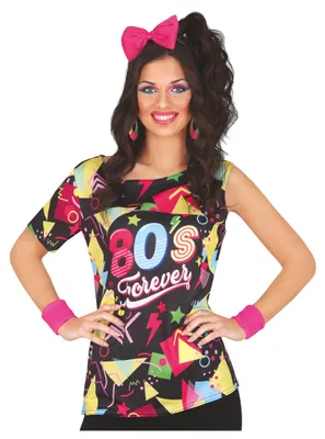 Imagen del producto de Camiseta de estilo retro de los años 80, ideal para fiestas temáticas, disfraces de carnaval. Diseño colorido, para un look divertido y llamativo. Perfecta para discotecas, fiestas de neón, festivales y eventos. Talla: 42 - 44 (L). Color: Multicolor
