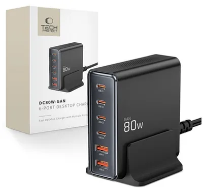 Produktbild von Tech-Protect Dc80W-Gan 6-Port-Desktop-Ladegerät Pd80W/Qc3.0 Schwarz