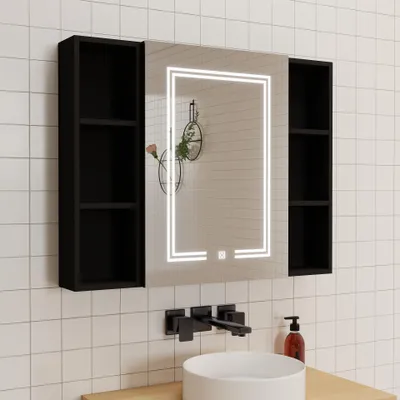 Produktbild von LED Spiegelschrank mit Seiteschrank 90x70 cm, beschlagfrei, mit 3 dimmbaren Lichtfarben, Rasiersteckdose, IP44 - Hochglanz Schwarz