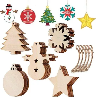 Produktbild von 50 Holz-Weihnachtsornamente – DIY-Dekorationen für den Weihnachtsbaum – Sterne und Schneemänner