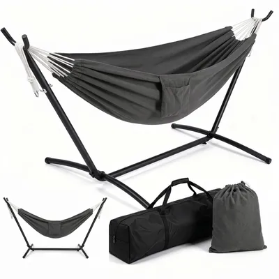 Produktbild von Sekey Hängematte mit Gestell Höhenverstellbare Doppelhängematte bis 200 kg Belastbar mit Tragetasche für Garten, Balkon und Terrasse Indoor & Outdoor