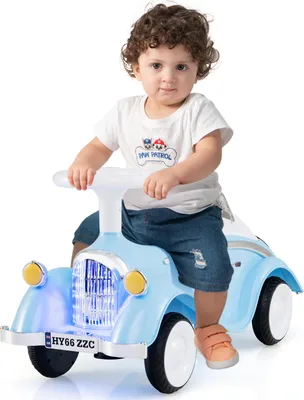 Immagine prodotto di COSTWAY auto cavalcabile classica con volante, clacson, fari a LED e vano portaoggetti, veicolo per bambini, auto cavalcabile retrò per bambini 1+blu cielo