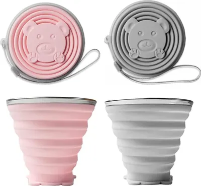 Productafbeelding van Opvouwbare siliconenbeker 270 mm - Opvouwbare drinkbeker met deksel - BPA-vrij - Reisbeker - Geschikt voor picknick en kamperen - Grijs/roze