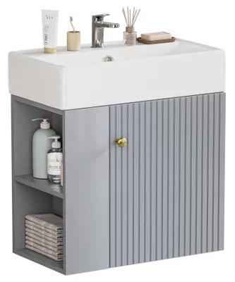 Produktbild von YORBAY Waschtisch Badmöbel Waschtischunterschrank 55 cm Keramik mit Unterschrank Waschbecken mit Waschtisch für kleine Badezimmer Hellgrau