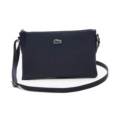 A dark blue Lacoste satchel bag is shown against a white background.