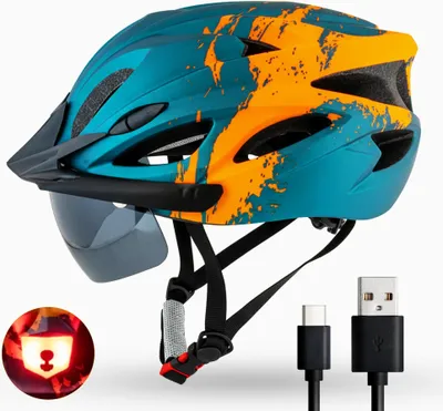 Produktbild von Fahrradhelm H085 Urban mit LED-Rücklicht & Magnet-Sonnenbrille Visier – City Helm für Damen & Herren – 54-61cm – Ultraleicht 245g Orange/Blau