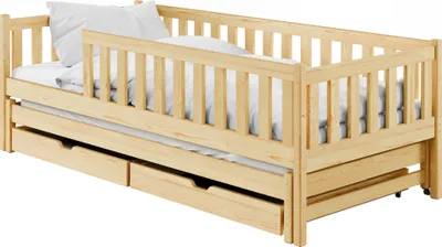 Produktbild von Kinderbett mit Ausziehbett und zwei Schubladen, Rausfallschutz und Lattenrost, Kinder Bett | weitere Größen: 80x180, 90x190, 90x200cm | 80x160 cm: von 3. bis 10. Lebensjahr, Natur