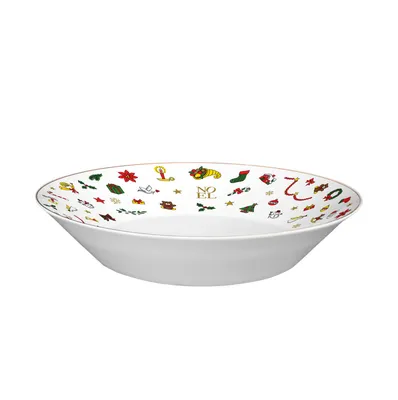 A white bowl with a festive Christmas pattern around the rim, set against a white background.