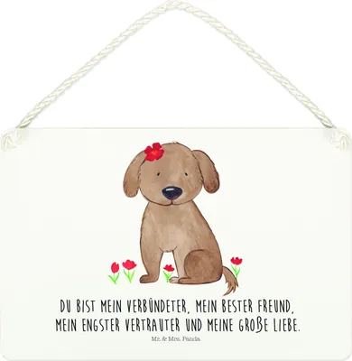 Produktbild von Mr. & Mrs. Panda Schild Hund Dame DIN A4 - Weiß - Geschenk, Liebenswert, Wandbild Holz, Liebe, Türschild, Sprüche, Verliebt, kleine aufmerksamkeit, Flauschig, holzbild
