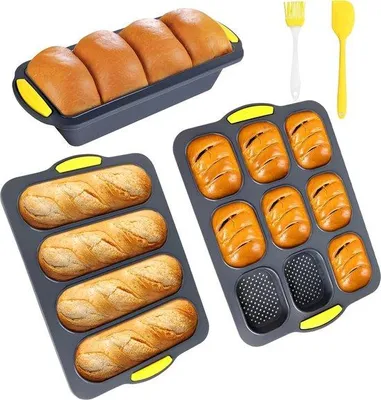 Produktbild von Famanu Set von 3 Silikon Brotbackformen mit Spatel und Öl-Pinsel - 33,5 x 23,5 cm