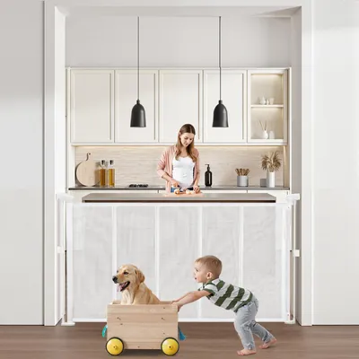 Produktbild von VEVOR einziehbares Babygitter 87 cm hoch, ausziehbar bis 140 cm breit, Gitter für Kinder oder Haustiere, Netzmaterial, einfach zu installieren, für Innentreppen Türen Flure Spielzimmer Weiß