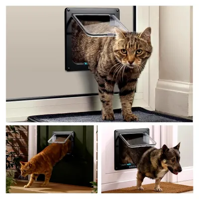 Produktbild von Katzentür mit 4-Wege-Schloss, wetterfeste Katzenklappe für Innen- und Außentüren, Fenster, Wand (Schwarz, L)