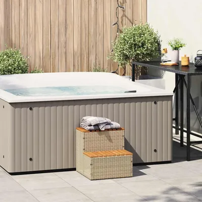 Produktbild von vidaXL Whirlpooltreppe Beige 50x50x50,5 cm Poly Rattan Akazie Massiv