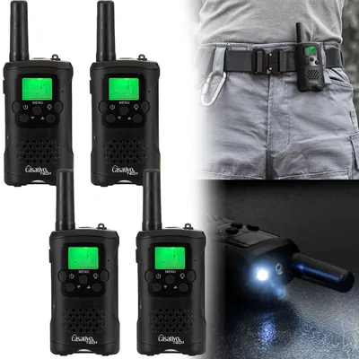 Produktbild von 4er-Set Profi Akku-PMR-Funkgerät, Gürtelclip & Taschenlampe, Walkie Talkie mit 10km Reichweite, 8 Kanäle, Ladestation, 8 Stunden Sprechzeit