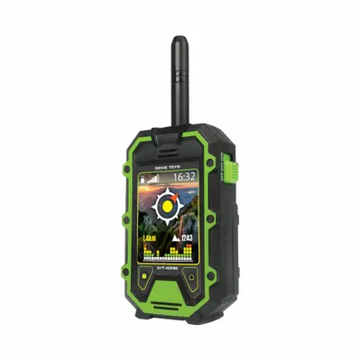 A rugged, handheld device with a screen displaying a map and navigation information.
