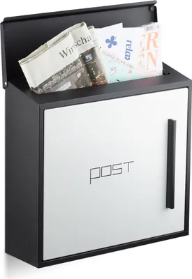 Image de Boîte aux lettres Relaxdays blanche, design moderne bicolore, fente pour format A4, acier, grande taille, H x L x P : 33 x 35 x 12,5 cm, noir et blanc
