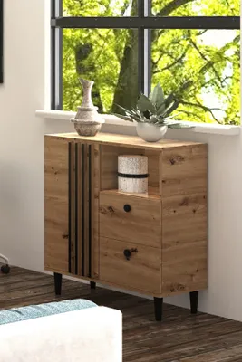 Produktbild von Sideboard Kommode Laura IV Eiche Holz in Natur Schwarz Wohnzimmerschrank (Eiche Artisan und schwarz)
