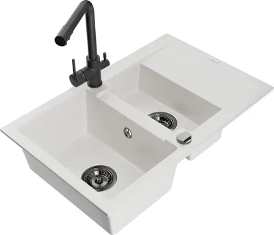 Produktbild von Mexen Gaspar 1,5-Becken-Granitspüle mit Abtropffläche und Mischbatterie Duero, Weiß - 6507-20-671600-70