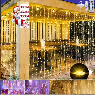 Produktbild von Lichtervorhang 3x3M 300 LED Lichterketten Vorhang LED Lichterkettenvorhang mit 8 Modi IP65 Wasserdicht Lichtervorhang außen innen USB mit Fernbedienung Balkon deko Warmweiß
