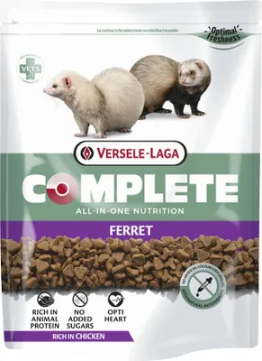 A bag of ferret food with images of ferrets and product information.