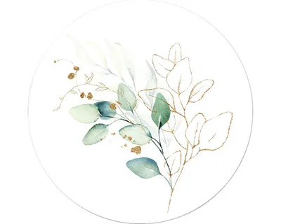 Produktbild von Glasbild Leaves II mit botanischem Blättermotiv im Japandi-Stil in Grün, Blau, Gold Ø 20 cm