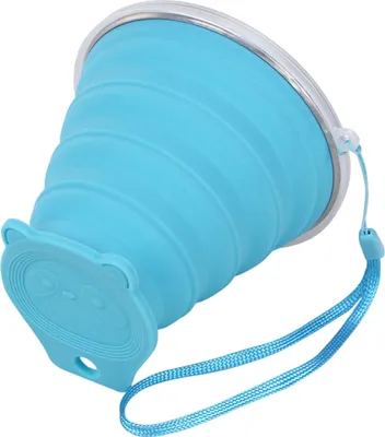 Produktbild von Faltbarer Wasserbecher aus Silikon mit Umhängeband, Weithalsdesign, auslaufsichere tragbare Wasserflasche mit transparentem Deckel