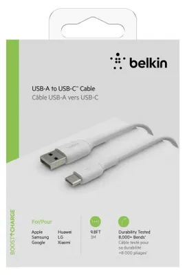 Immagine prodotto di Belkin BOOST CHARGE - Cavo USB - da USB-C (M) a USB (M) - 3 m - bianco