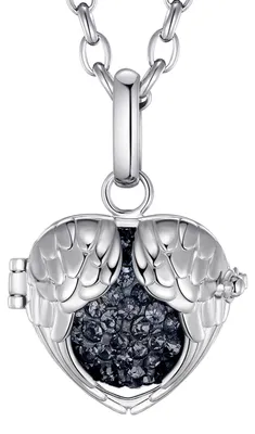 Produktbild von Morella® Damen Halskette Edelstahl 70 cm mit Engelsflügel Herz Anhänger und Klangkugel Zirkonia schwarz Ø 16 mm in Schmuckbeutel