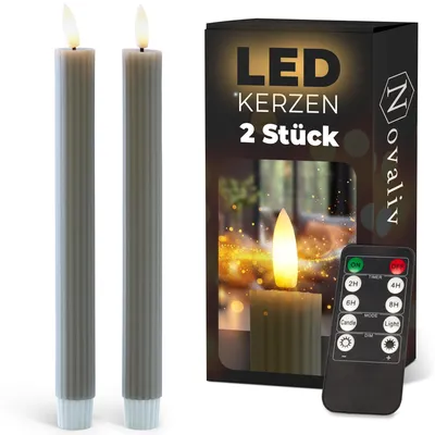 Produktbild von Stabkerzen LED mit Timer TAUPE GRAU 2er indoor mit Timer Funktion 6 Stunden ECHTWACHS gerippt 23cm Höhe für Kerzen 2,2cm Durchmesser 2 AAA Batterien LED Stabkerzen flackernde Flamme bewegliche Flamme