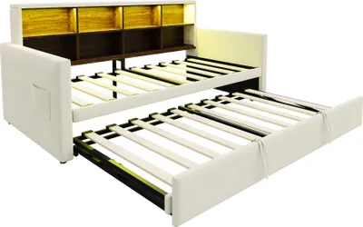 Obrázek produktu pro okwish Rozkládací postel 90x190 Daybed Dětská postel s inteligentním čelem a LED světelnými lištami, jednolůžko Juniorská postel s nabíjecími zásuvkami a úložnými přihrádkami, Béžová (bez matrace)