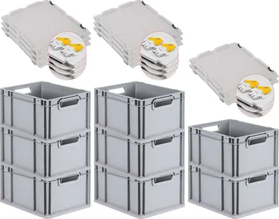 Produktbild von SuperSparSet 8x Eurobox NextGen Economy mit Scharnierdeckel und gelben Schiebeschnappverschlüssen | Griffe offen | HxBxT 22x30x40cm | 20 Liter | Eurobehälter, Transportbox, Transportbehälter, Stapelbehälter
