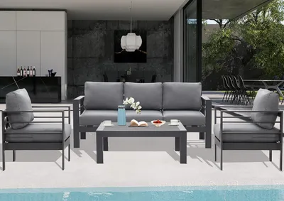 Produktbild von MeXo Gartenmöbelset, Loungeset Aluminium für 4-5 Personen mit Kissen und Couchtisch Indoor Outdoor Balkon Grau (Sitzgruppe, Aluminiumrahmen)