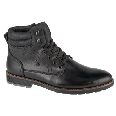 A black leather boot on a white background.