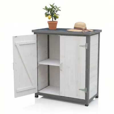 Produktbild von Mucola Geräteschrank Gerätehaus Gartenschuppen Schrank Schuppen Gartenschrank + 2 Türen Pflanztisch Mehrzweckschrank - Weiß/Grau