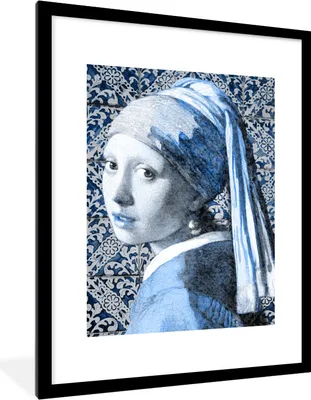 Produktbild von MuchoWow® Gerahmtes Poster Mädchen mit einem Perlenohrring - Delfter Blau - Alte Meister 60x80 cm - Poster mit Schwarzem Bilderrahmen Wandposter Rahmen Foto Bilder - Wohnzimmer - Dekorationen - Prämie