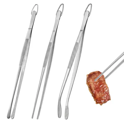 Image de Pince de cuisine en acier inoxydable - Lot de 3 avec embout rond et embout pointu - Pour le barbecue et la cuisine - 30 cm