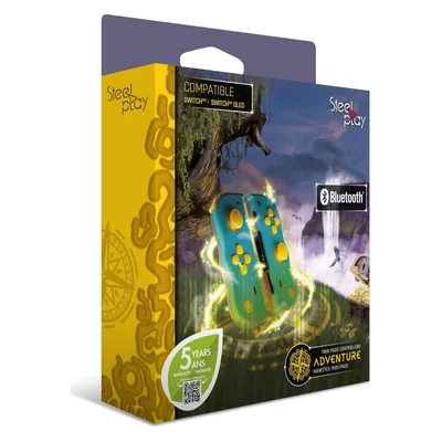 The image shows the packaging of a pair of Nintendo Switch Joy-Con controllers, featuring a fantasy-themed landscape with waterfalls and a large tree.