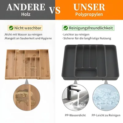 Produktbild von PolkaHome® Verstellbarer Besteckkasten für Schublade, 28-47 cm, Küchenorganizer mit 5-7 Fächern, Schwarz