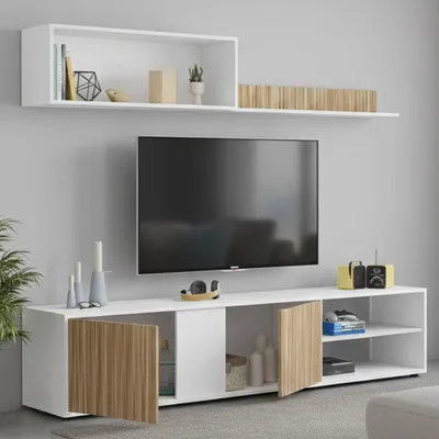 Zdjęcie produktu dla Szafka wisząca Titusville, stojak pod telewizor, meble do salonu, kompozycja zestawu do salonu, zestaw do salonu z szafką wiszącą, 180 x 33 x 40 cm, biały i dąb