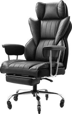 A black office chair with a high back and footrest is shown against a white background.