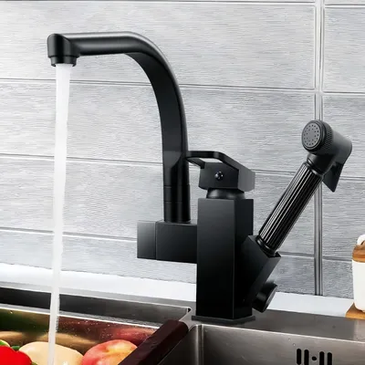 Produktbild von Küchenarmatur, 360° drehbarer Wasserhahn mit ausziehbarem Sprüher, Heiß-/Kalt Mischbatterie Küchenhahn, Spülarmaturen, Schwarz