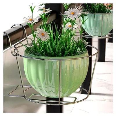 Produktbild von 2er Set Blumentopfständer aus Edelstahl für die Veranda, hängender Geländerkorb für Balkon, Blumentopf aus Metall, rostfreier Stahl, Zaun-Ausstellungsstand
