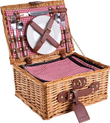 eGenuss Handgefertigtes Picknickkorb für 2 Personen – Kühlfach, Multifunktionsmesser, Edelstahlbesteck, Teller und Weingläser inklusive - Rotes Gingham-Muster 32x25x17 cm
