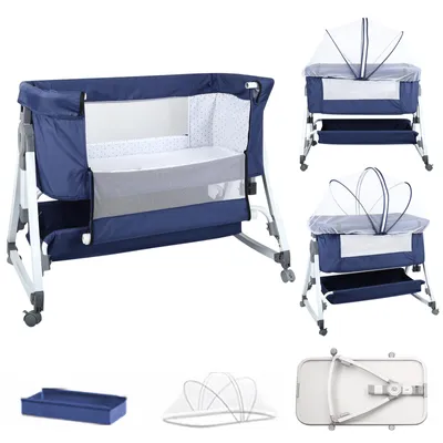 Produktbild von Beistellbett Babywiege freistehendes Babybett - mit Matratze,Höhenverstellung faltbar Blau