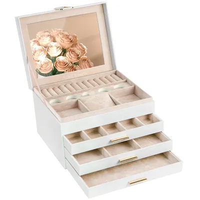 Produktbild von AdelDream Schmuckkästchen, Schmuckkasten mit 4 Ebenen, Schmuckbox mit großem Spiegel, große Schmuckstücke, Schmuckaufbewahrung, modern,cremefarben